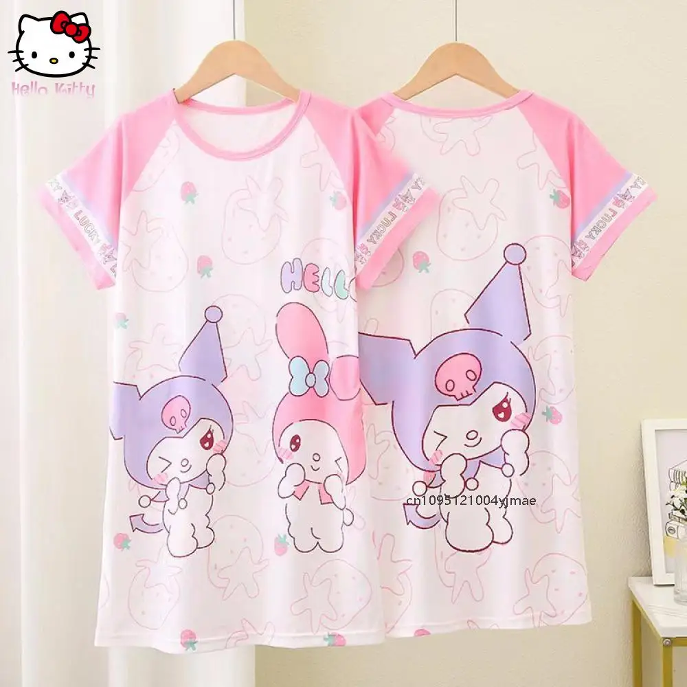 

Anime Kawaii Sanrio Cinnamoroll Children Pajamas Kuromi Cartoon Round Neck Dress Casual Loose Cute Girl Homewear night dress