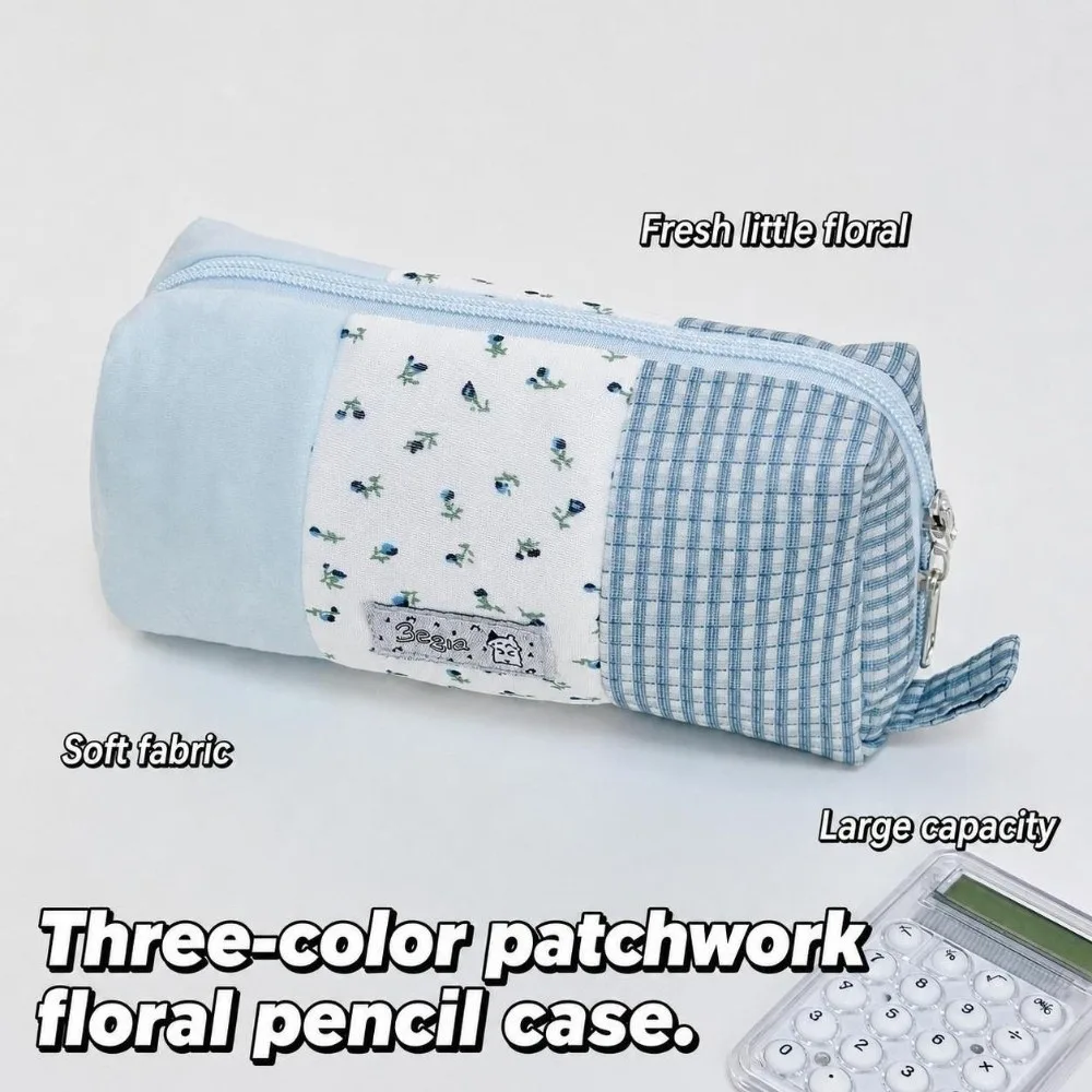 Portable Patchwork Pencil Case Floral Plaid Splicing Large Capacity Pen Bag Stationery Pouch Gift