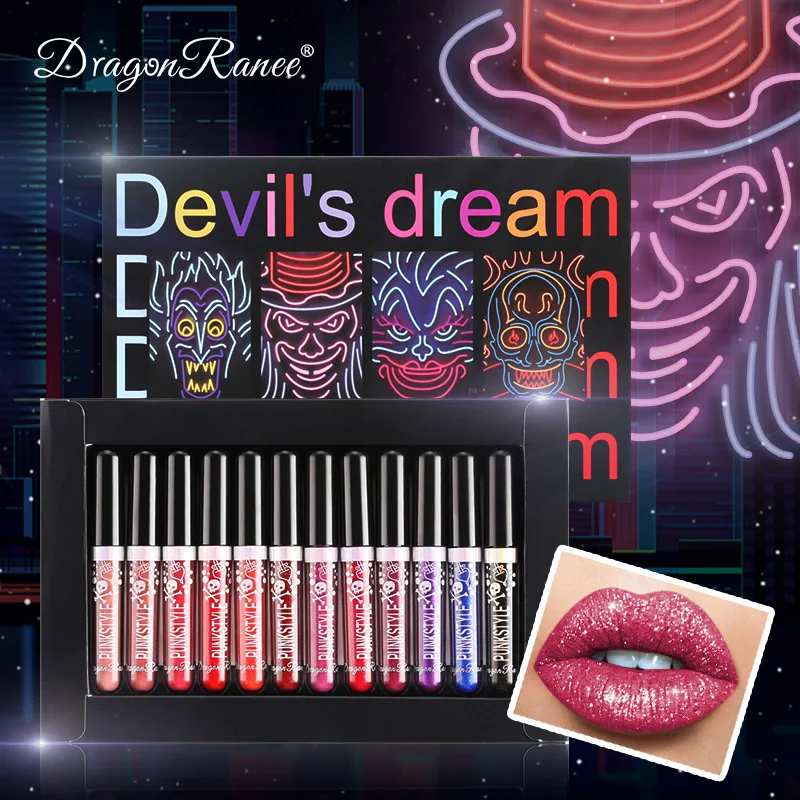 12Pcs/Box Glitter Lipstick Set Waterproof Sexy Blue Purple Black Lip Gloss Shiny Lip Tint Halloween Makeup Tool Korean Cosmetics