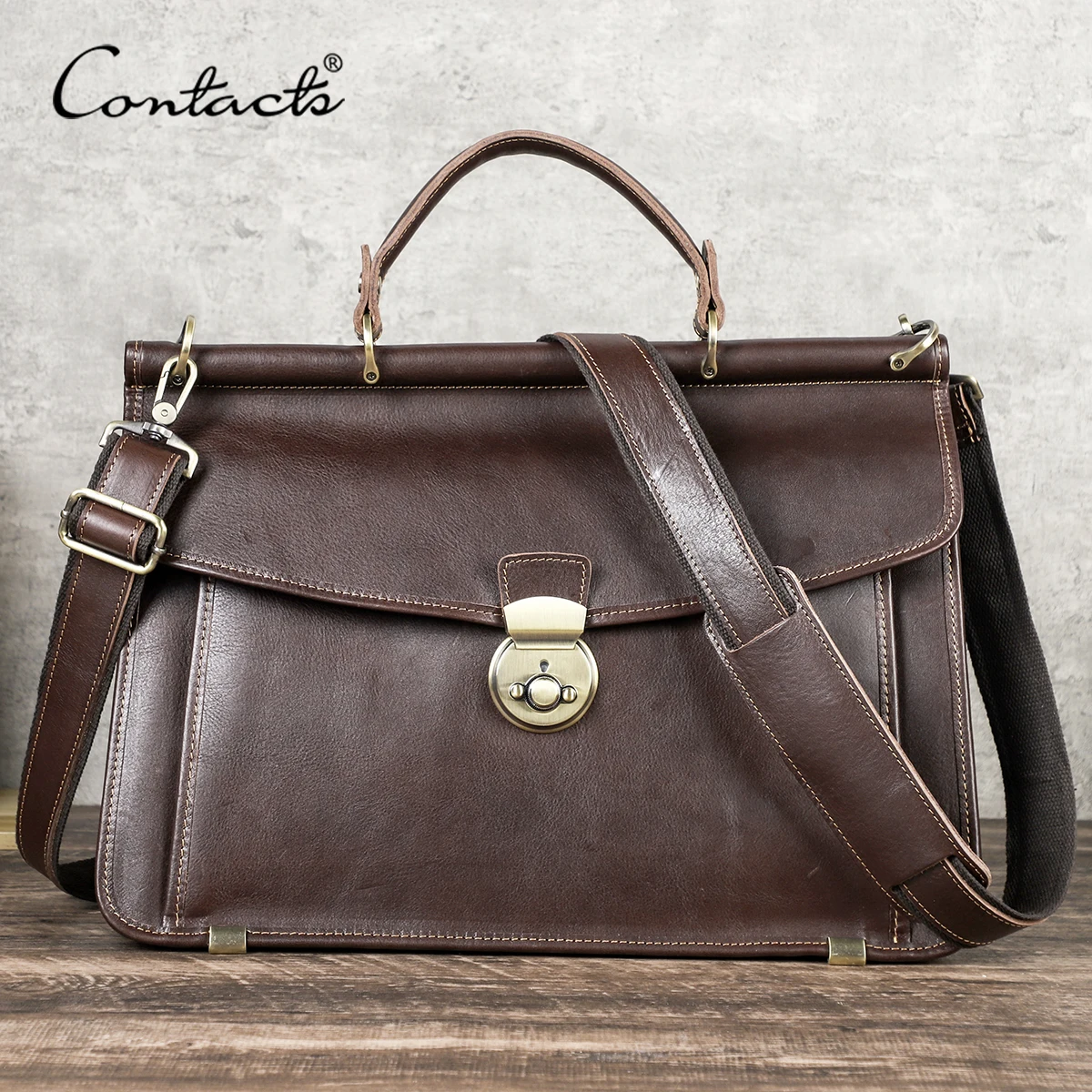 Bolsos de negocios de cuero genuino de CONTACT'S para hombre, maletín de cuero curtido vegetal italiano, bolsos de mano para ordenador portátil para Macbook Pro de 14"