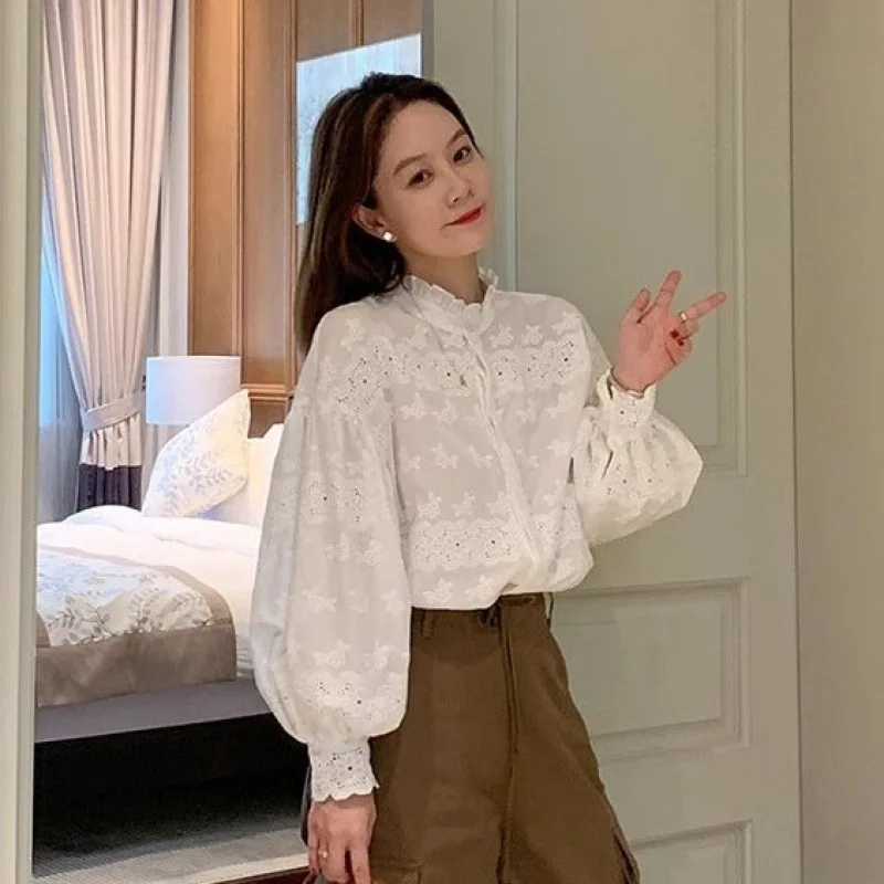 Women White Hollow Floral Eyelet Cotton Shirt Lace Ruffle Stand Collar Puff Bubble Long Sleeve Button Casual Vintage Blouse