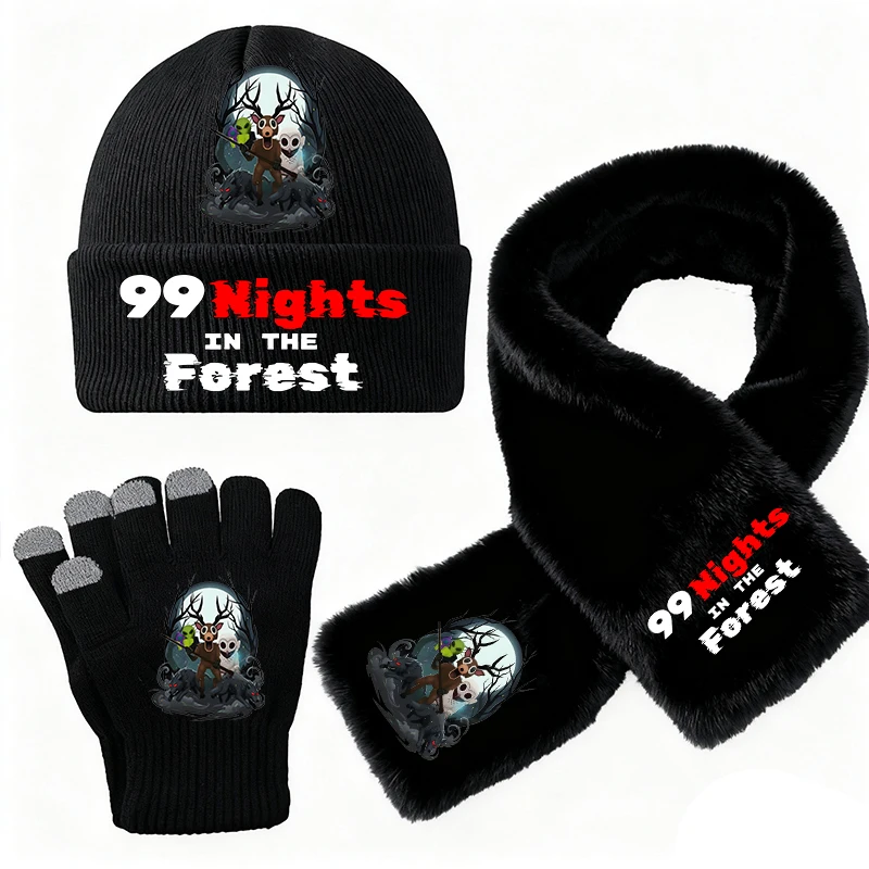 3 SZT. Gra 99 Noców w Lesie Czapki Dzianinowe Szaliki Rękawiczki Zimowe Ciepłe Odporne na Zimno Czapki typu Beanie z Wzorem Kreskówkowym Zestaw Prezent do Domu