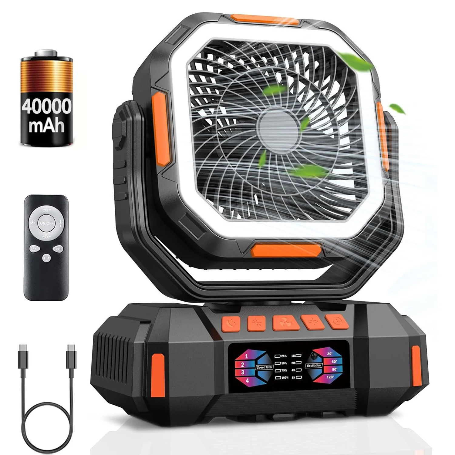 40000mAh Camping Fan Rechargeable Desktop Portable Air Circulator Wireless Ceiling Electric Fan with Power Bank LED Lighting