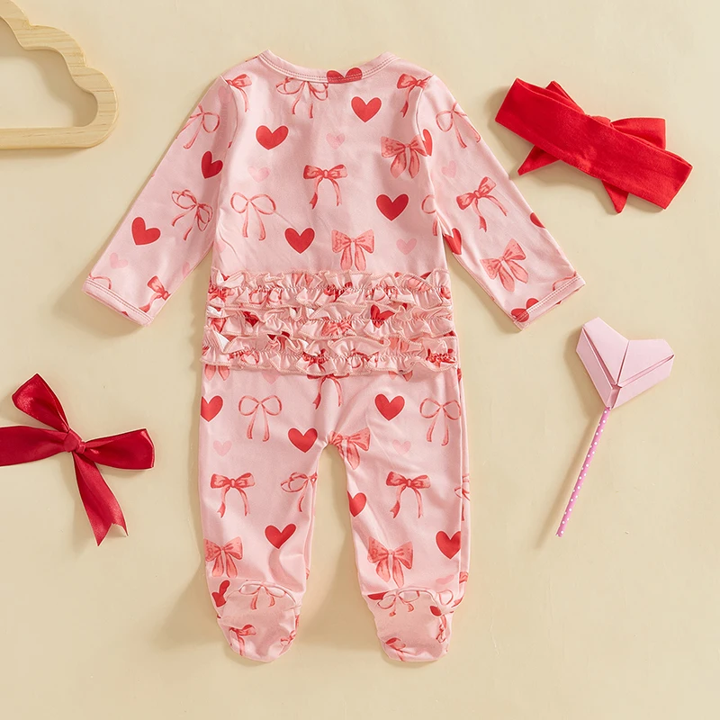 Neonata per San Valentino, vestito con fiocco, stampa a cuore, pagliaccetto con volant, cerniera, tuta con fascia per capelli