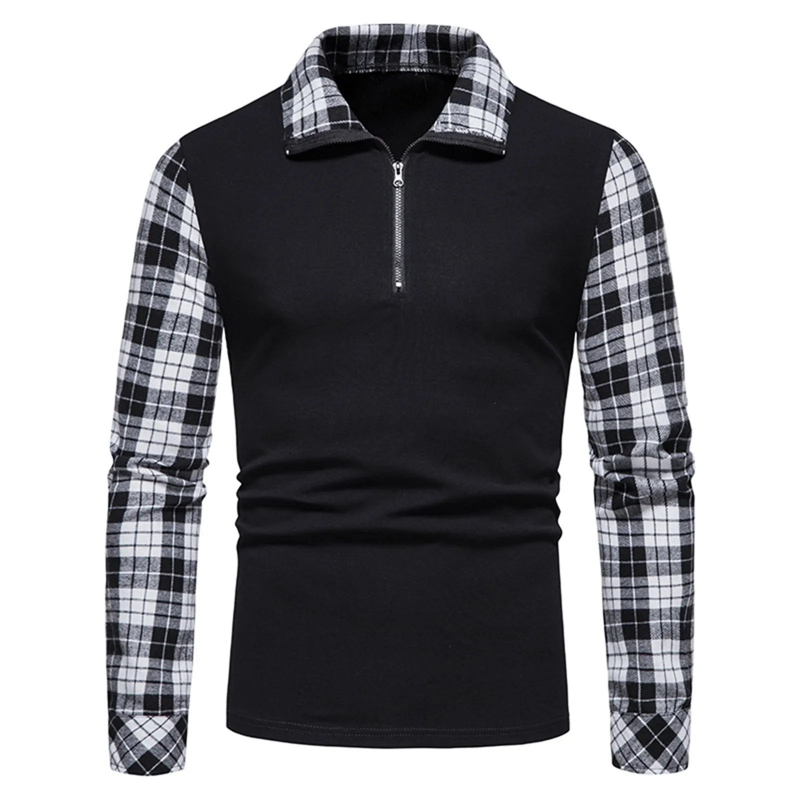 Men\'s Polo Shirt Zipper Long Sleeve Business Pullover Tops Formal Work Plaid Splice Tee Casual T Shirts For Men Clothing