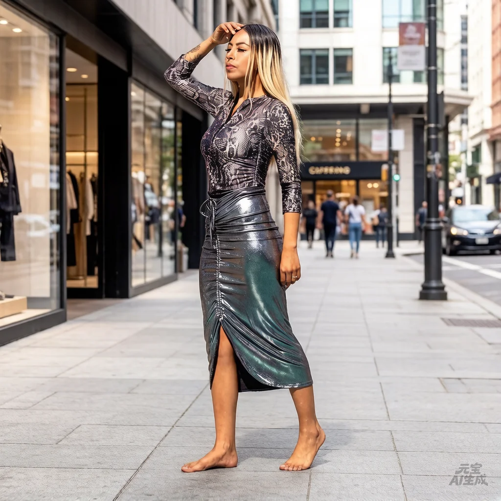 

2026 New Shiny Metallic Ruched Midi Skirt High Waist Drawstring Bodycon Skirt For Vacation Ever Pretty Women Clothes Plus Size