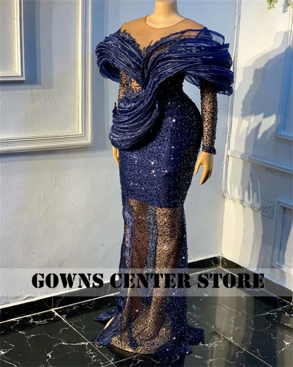 Navy Blue Beaded Long Sleeve African Mermaid Evening Dress Aso Ebi Wedding Party Dress See Thru Formal Occasion Dresses vestidos