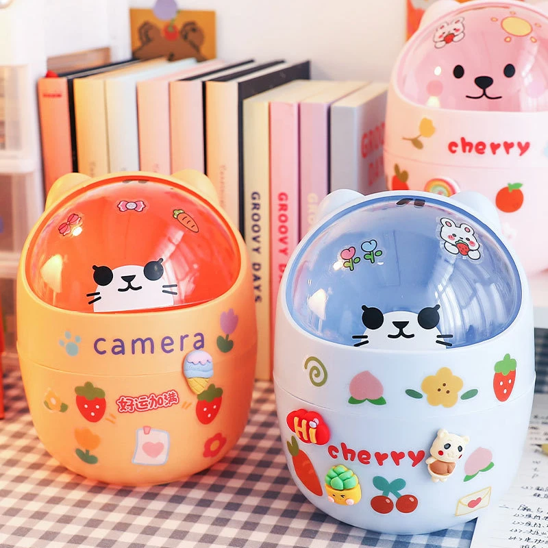 Ins Style Creative لطيف سطح المكتب المنزلي مع غطاء سلة المهملات صغيرة صغيرة Kawaii غرفة نوم مكتب صندوق تخزين حامل قلم إعطاء ملصق #3