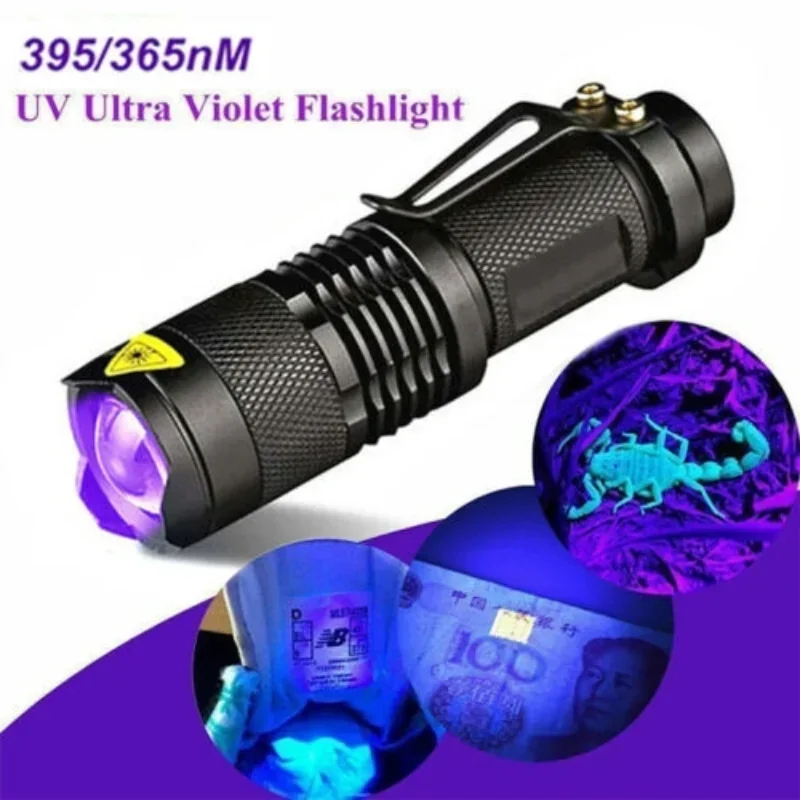 Linterna Led ultravioleta para pesca y caza, luz UV portátil con función de Zoom, Detector de manchas de orina de mascotas, tarjetas de crédito