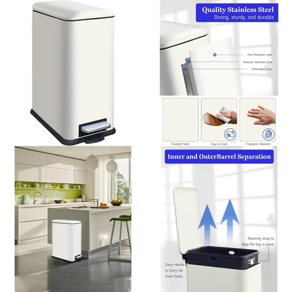 

Stainless Steel 30 Liter Narrow Pedal Kitchen Trash Bin with Lid and Inner Bucket for Rectangular Waste Management