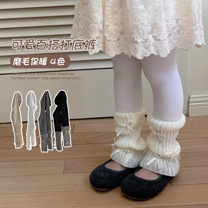 1-15Y Princess Girls Bow Decor Leggings Winter Warm Fleece Striped Stacked Lolita Tights Soft Knitted Cotton Baby Cropped Pants