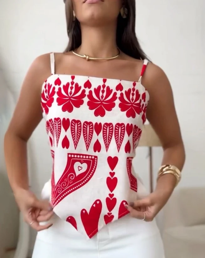 

Fashionable Women's Top Spring Floral Print Bandeau Spaghetti Strap Tank Casual Back Tied Detail Asymmetrical Hem Top