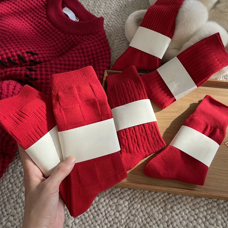 New Year\'s Socks For Women Winter Casual Red Casual Warm Socks Female Breathable Solid Color Fashion Crew Socks Simple