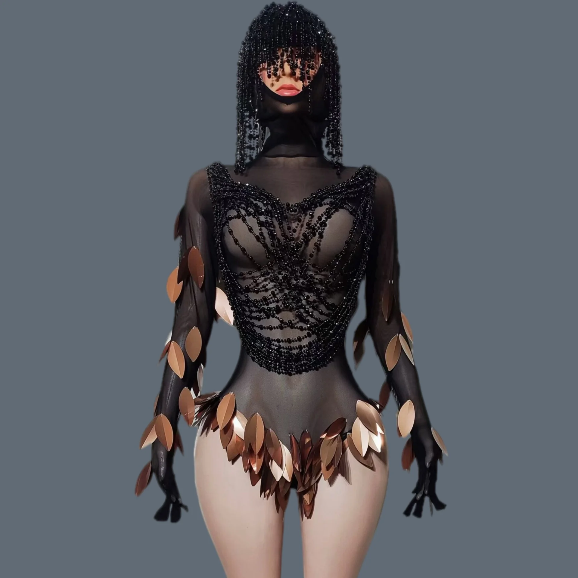 Headwear Veil Beading Black Bodysuit Sexy Sequins See Through Mesh Drag Queen Performer Wear Club Stage Party Dance Outfit Guye