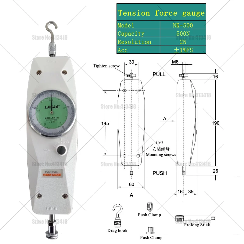NK-10N 20N 30N 100N 50kgf Analoge krachtmeter, duw- en trekmeter, spanningsmeter, hoogwaardig dynamometer, meetinstrument