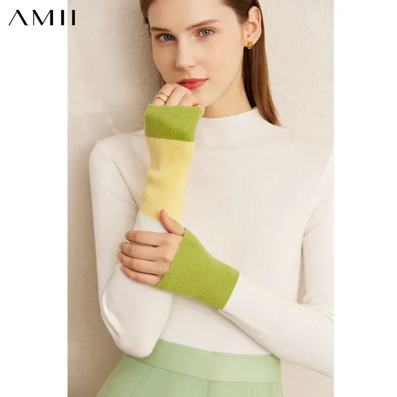 

Amii Women's Sweaters Winter Warm Turtleneck Sweater 2025 Fashion Knitted Tops Patchwork Office Lady Jumper Minimalism Pullover