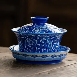 Porcelain Blue and White Plum Blossom Pattern Sancai Gaiwan Kungfu Respect Tea Cup Infuser Tea Bowl Kitchen Teaware