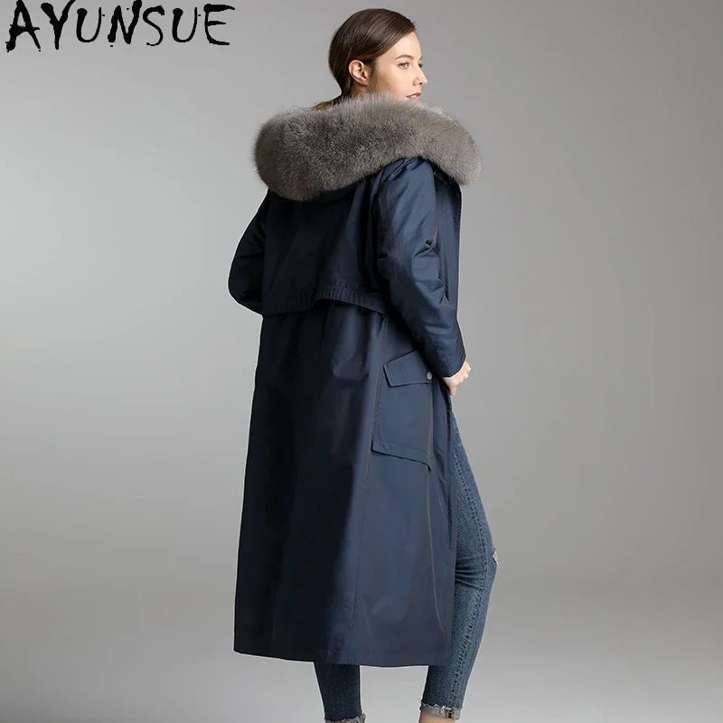 AYUNSUE, ropa de invierno para mujer, abrigo de piel 2020 Natural con Cuello de piel de zorro, Abrigo de Piel de Conejo Rex con capucha, Parkas largas cálidas para mujer 9117