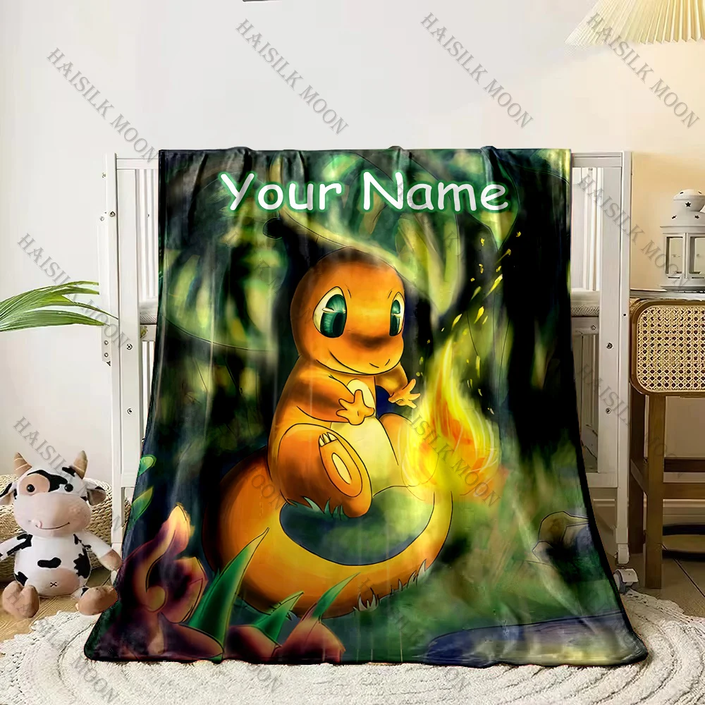 1PC Custom Name Pokemon Pokemon Charmander Printed Blanket,All-Season Multi-Use for Nap,Camping,Travel,Car,sofa Machine Washable