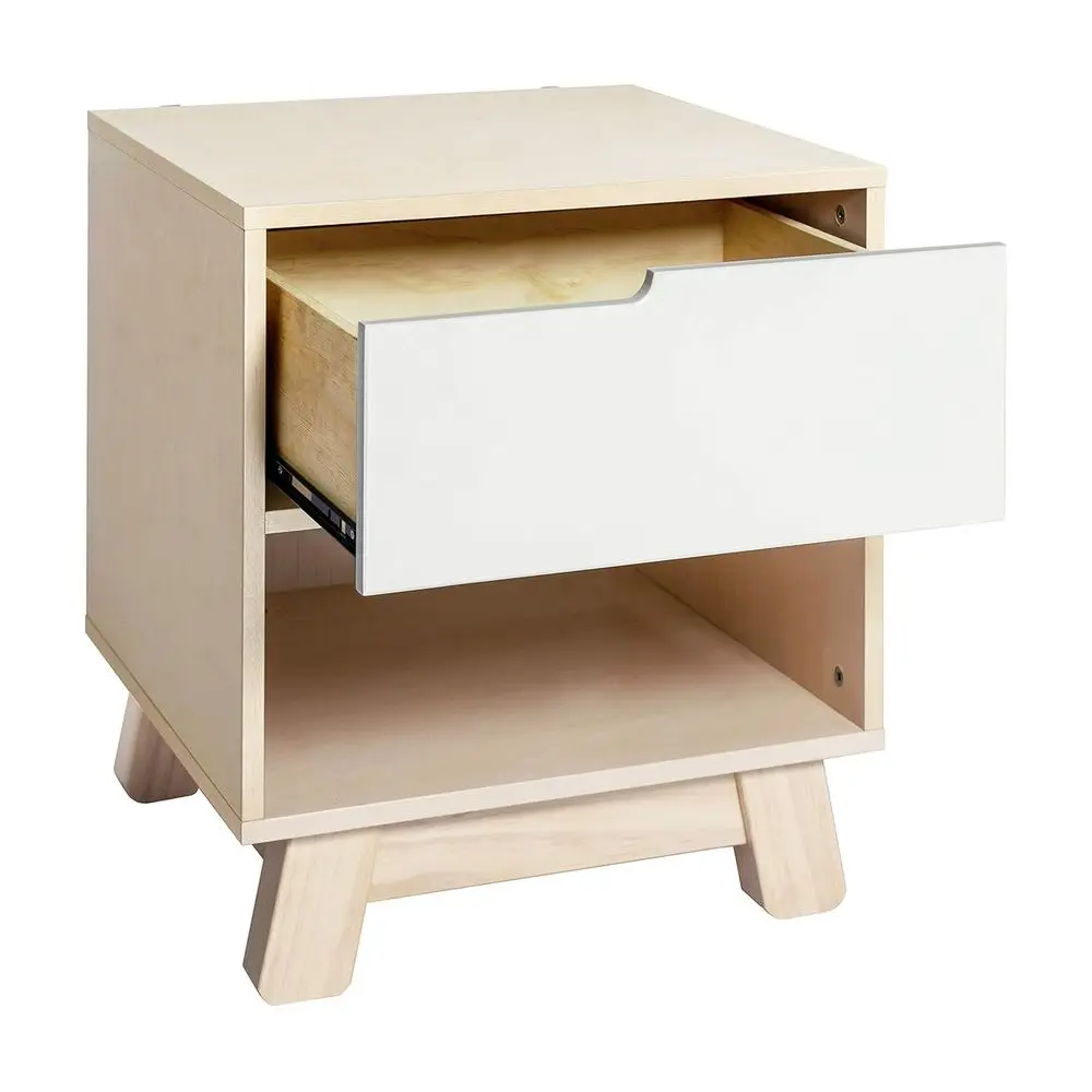 Nightstand with USB Port in Washed Natural and White, 1 Drawer and Storage Cubby