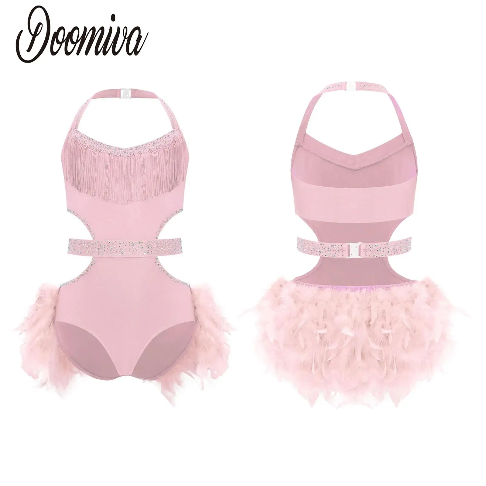 

Kids Girls Bodice Feather Skirted Ballet Leotard Dance Figure Skating Gymnastics Costume Halter Latin Jazz Rumba Samba Dancewear