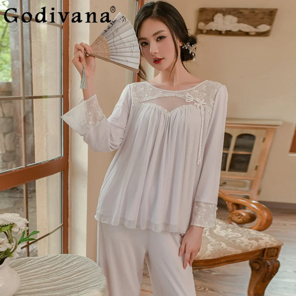 

Vintage Pajamas Women's Suit Long Sleeve Court Style Loose White Nightdress Ladie's Nightwear Nightshirt