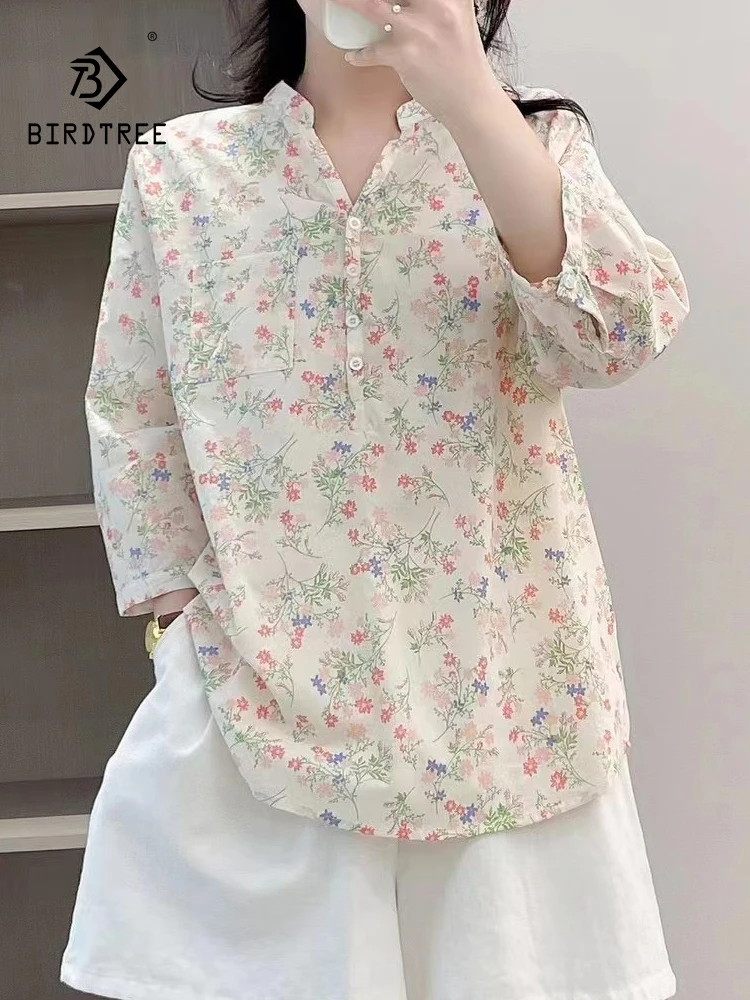 

New 2025 Summer Cotton 3/4 Sleeve Shirt, Women V Neck Floral Print Pocket, Mori Girl Japan Style Commute Loose Blouse T56048CC