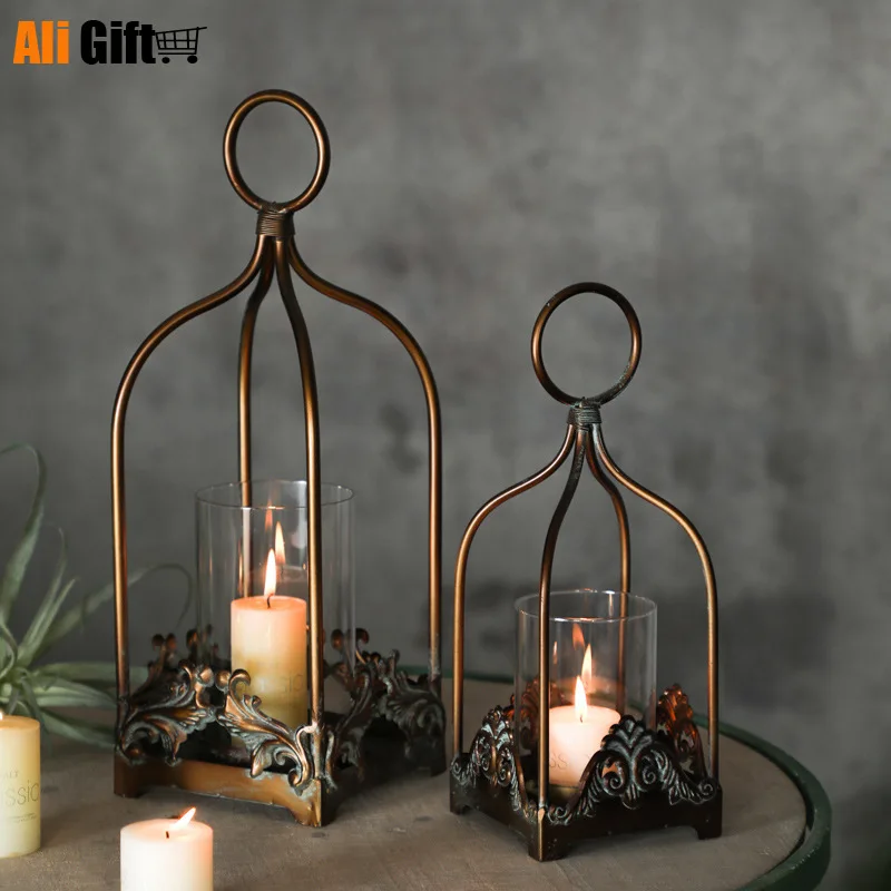 Retro Wrought Iron Candle Holder, Hollow Hanging Bird Cage Lantern, Bridal Home Decoration, Candles Dining Table Decor