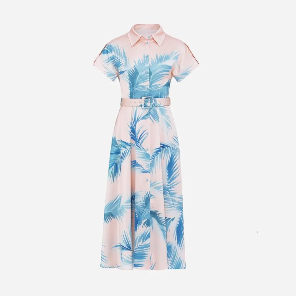 

Europe and the United States women's 2024 summer new lapel Short sleeve leaf print belt fashion Pleated dress XXL