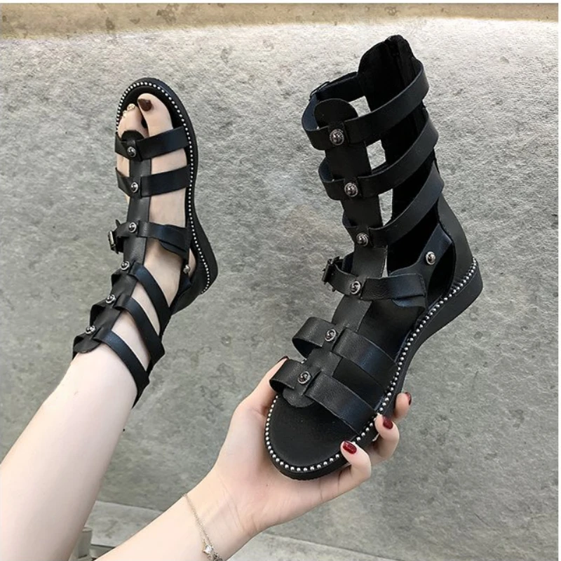 Ladies  Roman Style, Rivet Cutout Back Zip Sandals, Versatile Fashion Casual Sandals 2024 New Summer