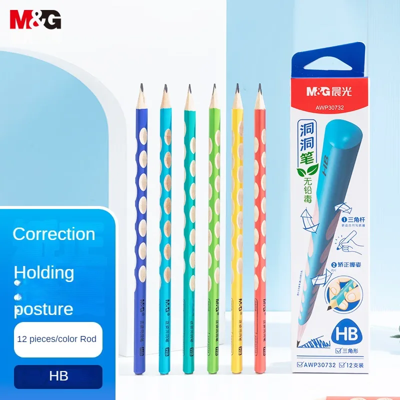 M&G 12pcs HB Hole Pencils Color Pencil Children's Posture Correction Triangle Wooden Pencil Dip Top Easy Grip