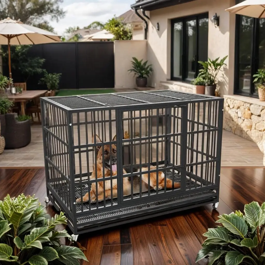 48 Inch Heavy Duty Dog Crate Cage with Wheels, Indestructible and Escape Proof Steel Kennel Indoor for High Anxiety