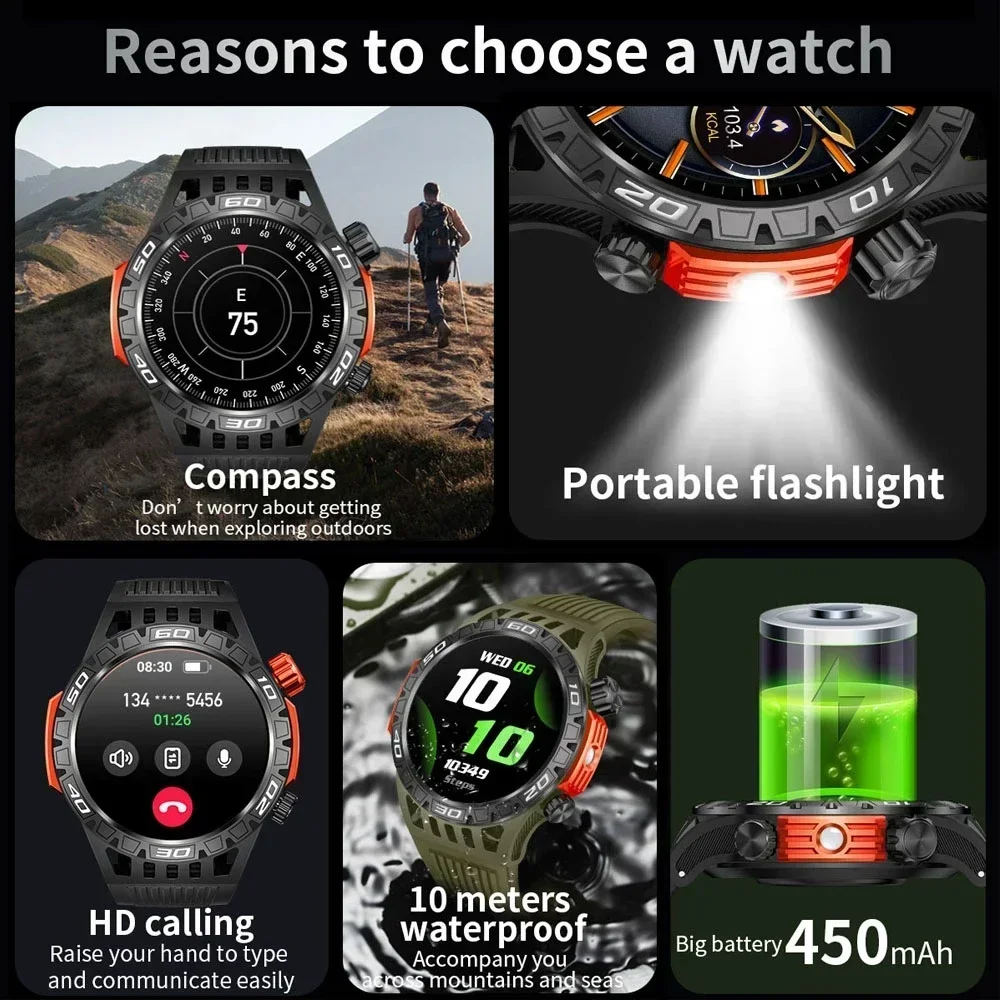 450mAh Battery 2024 New Smart Watch GPS Compass Outdoor Sports With Flashlight SmartWatch Bluetooth Call IP68 Waterproof