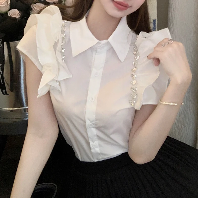 

Flying Sleeve Ruffled Tops Korean Fashion Pleated OL White Shirt Single-breasted Diamond Women Blouse