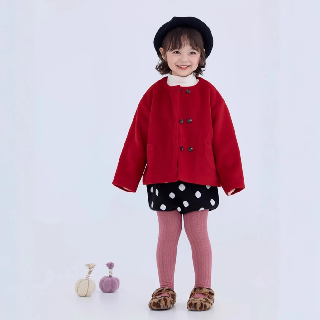 

Рождественская шерстяная куртка для маленьких девочек, утепленное детское красное пальто для девочек, новая зимняя двубортная верхняя одежда для маленьких девочек, пальто