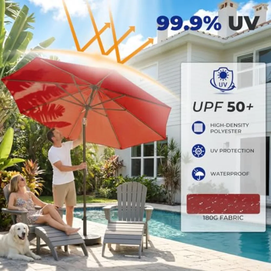 BRIOPAWS 9Feet Patio Umbrella with Base Included Outdoor Table Umbrellas Push Button Tilt and Crank 8 Sturdy Fiberglass Ribs Wa