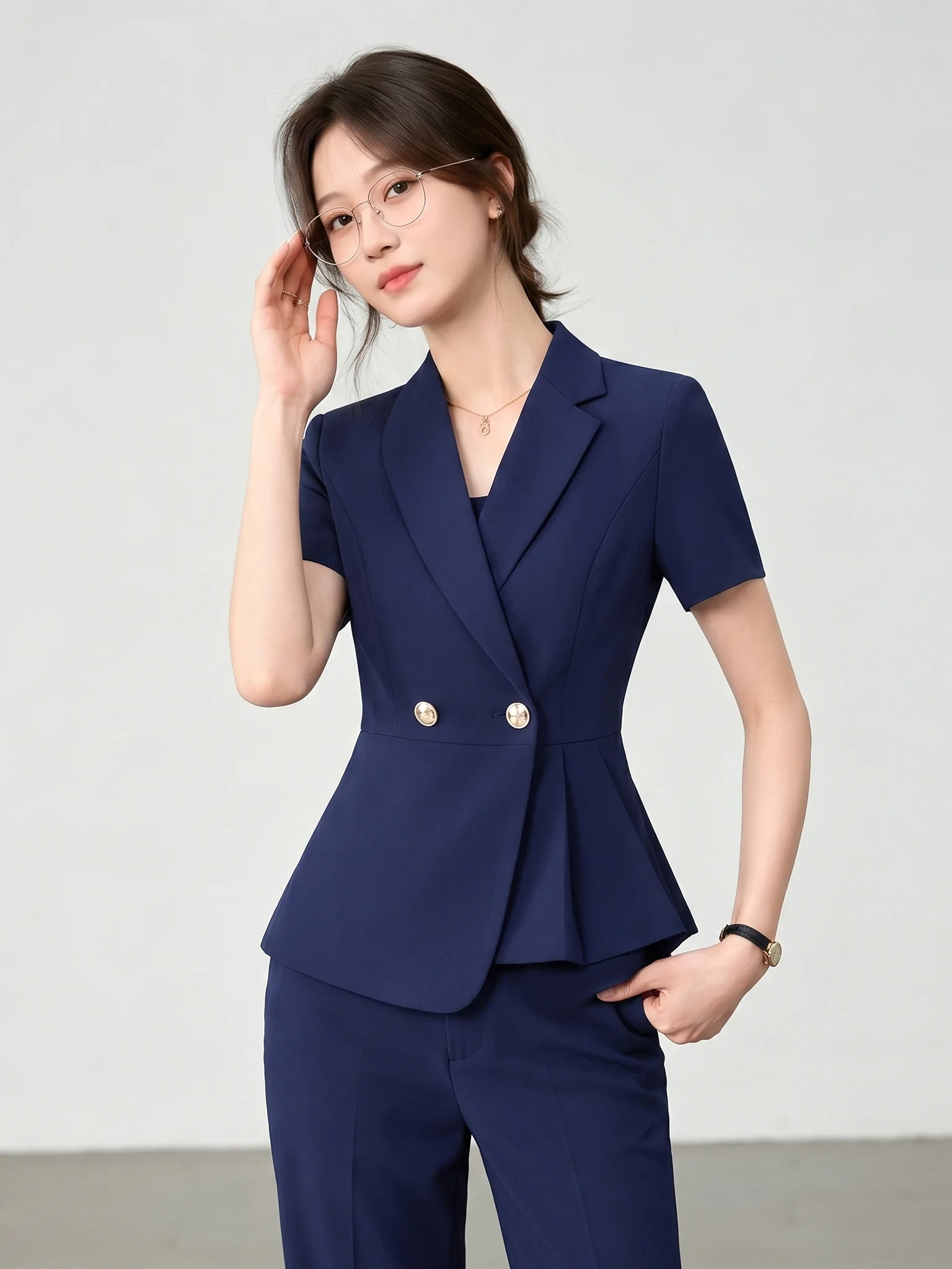 

Cobalt Blue Professional Suit Set Women's Summer New Waist-Cinching Commute High-End Short Sleeve Western Workwear