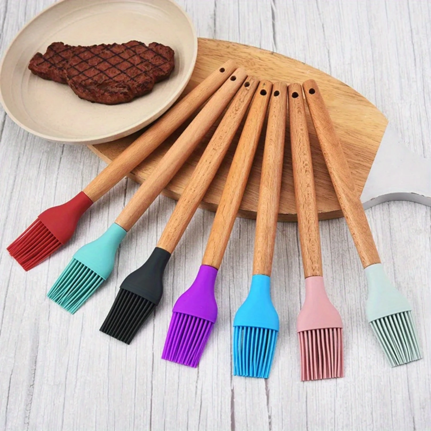1PC Silicone BBQ Oil Basting Brush with Wood Handle - Baking, Barbecue & Cooking Essential