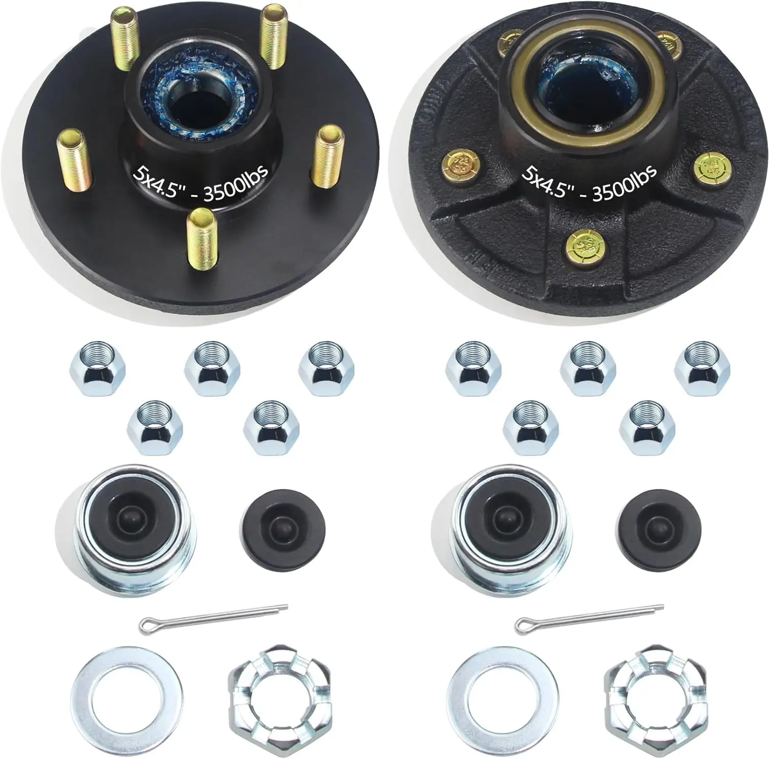 

2 Sets Trailer Hub Kits for 3500 lbs, 5 on 4.5'', Fits 1-1/16'' to 1-3/8'' Axles, Prelubricated Bearings