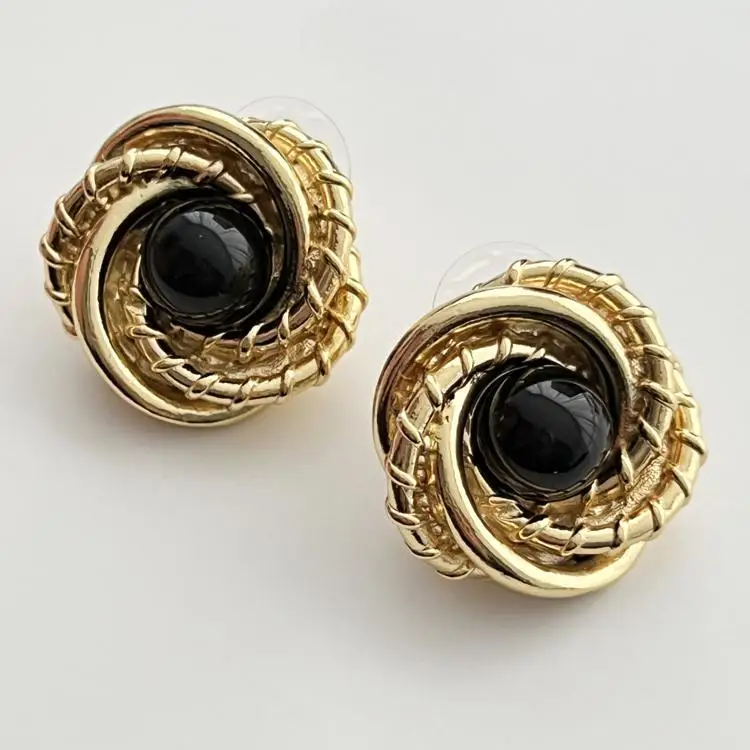 European and American black round ball Fried Dough Twists pattern earrings