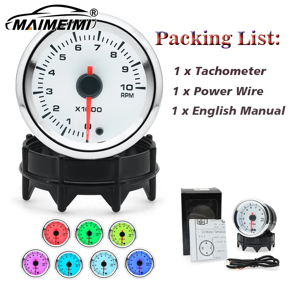 

2“ 52mm Car Universal White Tachometer 7 Color Backlight LED 0-10000 RPM Meter Car Gauge 4 6 8Cylinder adjustable for Button