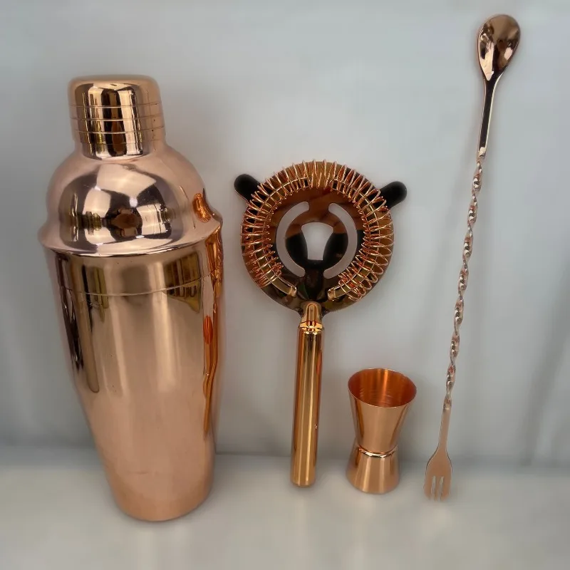Mirror Polished Rose Gold Bar Mixing Kit, 4Pcs 750ml Stainless Steel Boston Cocktail Shaker Jigger Spoon  DIY Tools