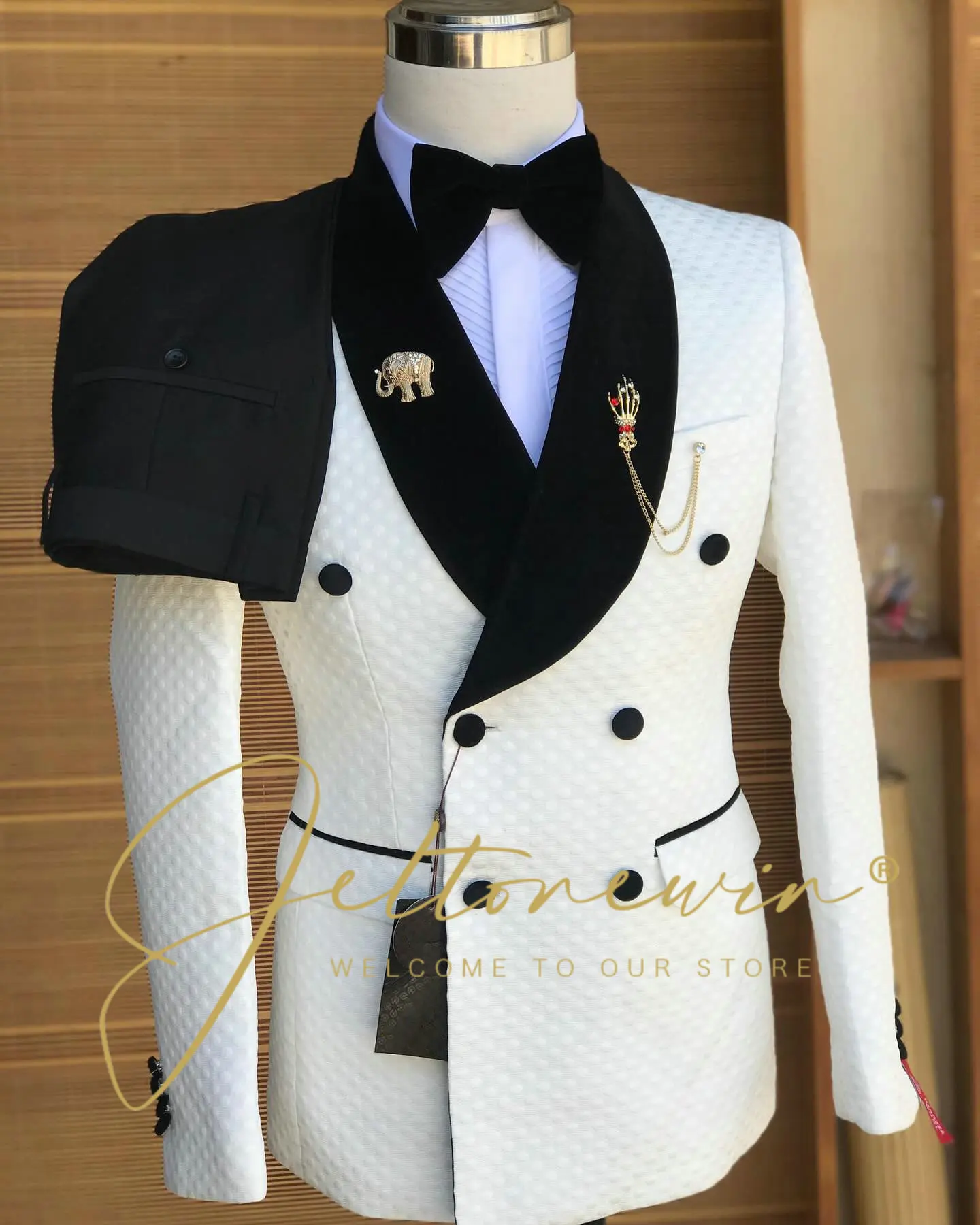 

White Men's Two Piece Suit with Double Button Closure and Fine Grid Texture Elegant Modern Style for Groom or Banquet Occasions