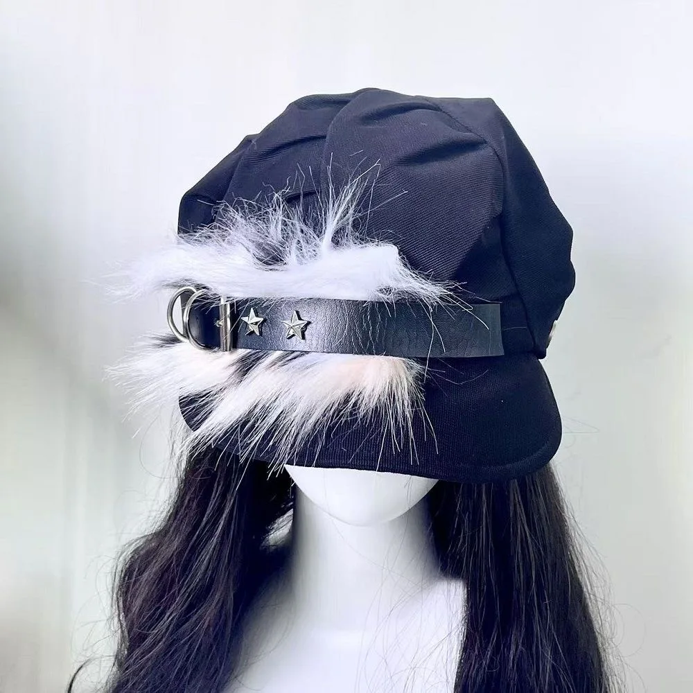 หมวกเบเร่ต์สไตล์ฮาราจูกุ กอธิค โลลิต้า สำหรับผู้หญิง หมวกทรงแปดเหลี่ยม แต่งขนเทียม หนัง PU พร้อมหัวเข็มขัด สไตล์พังก์ Y2K