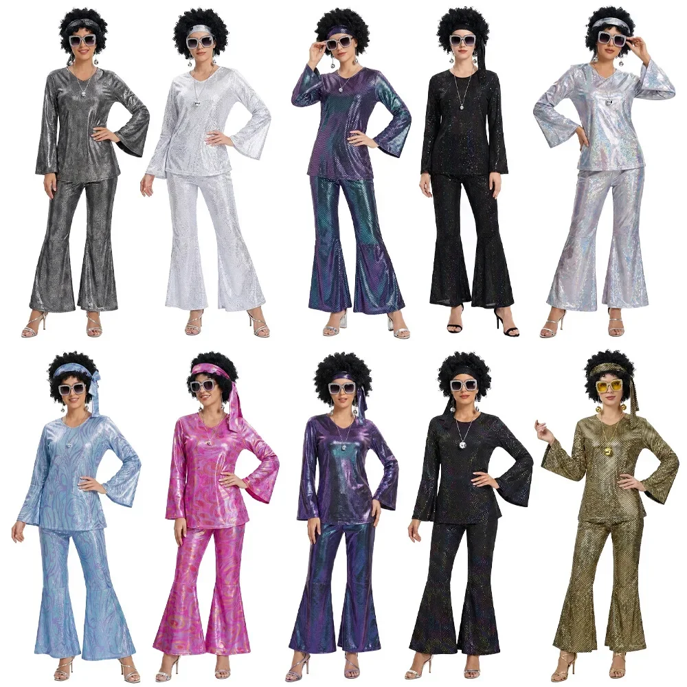 Damen 70er Disco Cosplay Outfit Komplettset Retro Disco-Kleid mit passenden 70er Accessoires Halloween Tanzparty Kostüm