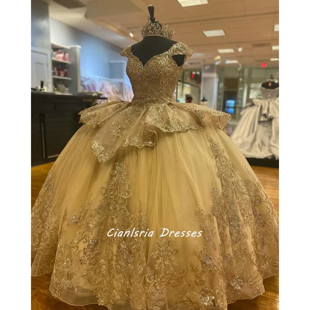 Vestido de quinceañera con volantes y hombros descubiertos, traje de baile de quinceañera con apliques de cristal, corsé de encaje con lentejuelas, ropa de fiesta dulce 15