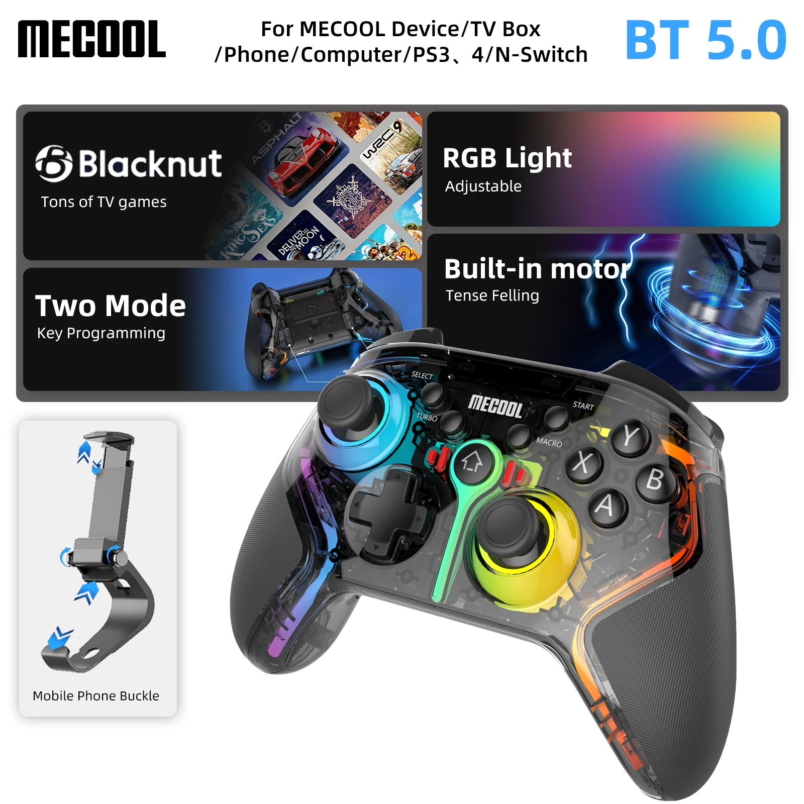 MECOOL – Gampad GM1 sans fil, avec touches lumineuses rvb, programmation, moteur intégré pour boîtier TV, PS4, téléphone intelligent, accessoire de jeu sur ordinateur