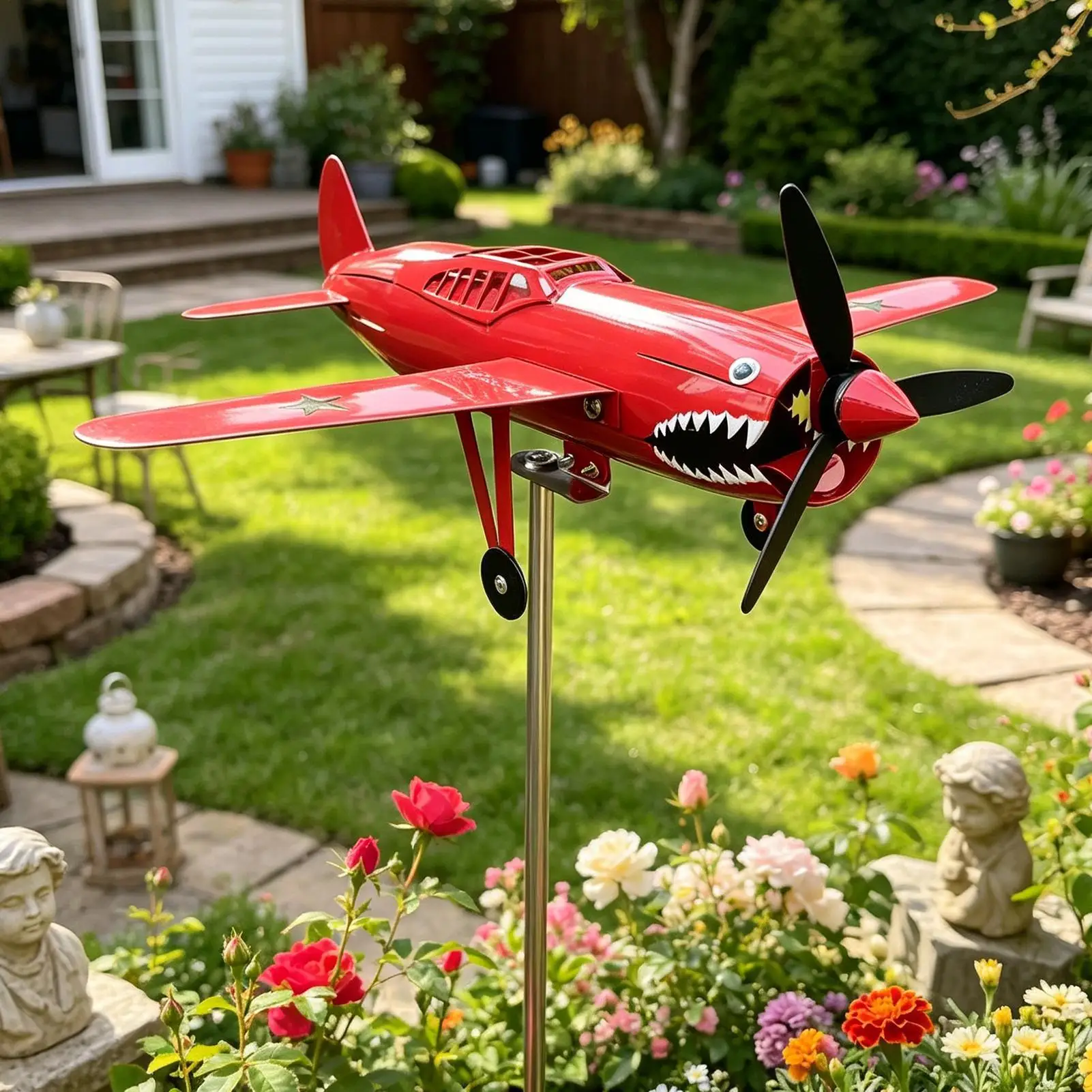 

Airplane Wind Spinner Garden Weather Vane Shark Mouth Airplane Propeller Warplane Windmill For Aviation Lover Pilot Veterans