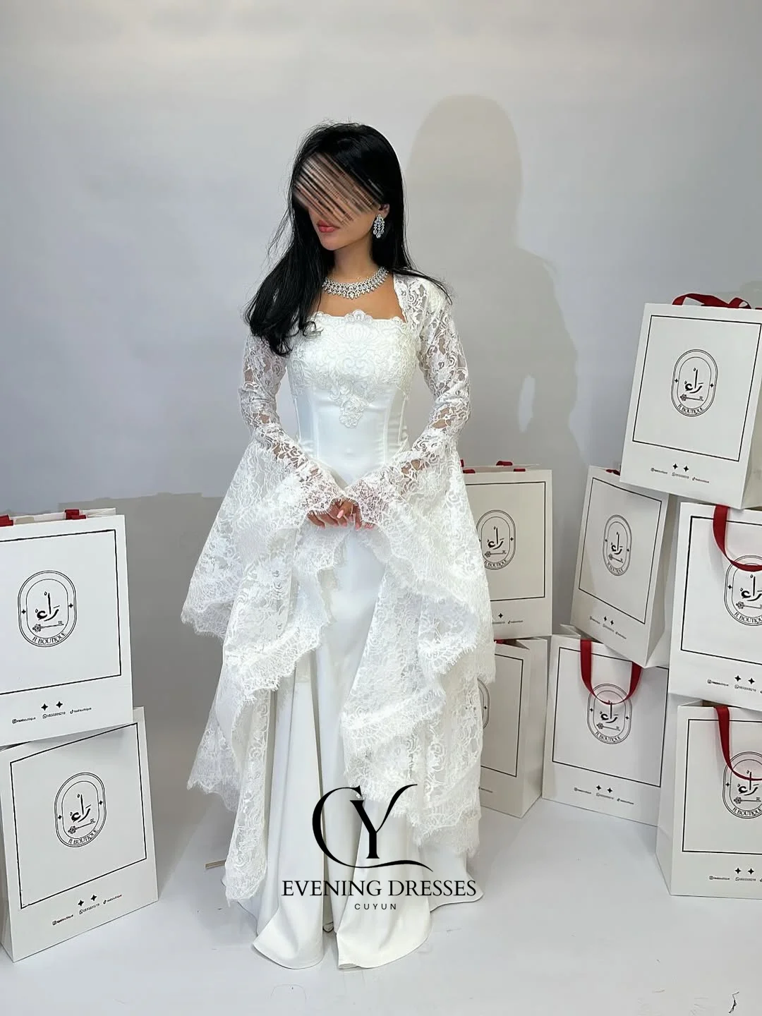 CUYUN 白人女性用イブニングガウン レースフレアスリーブ 高級サウジアラビア風ウェディングドレス カスタムメイド ドバイ ロングウェディングパーティガウン 2026