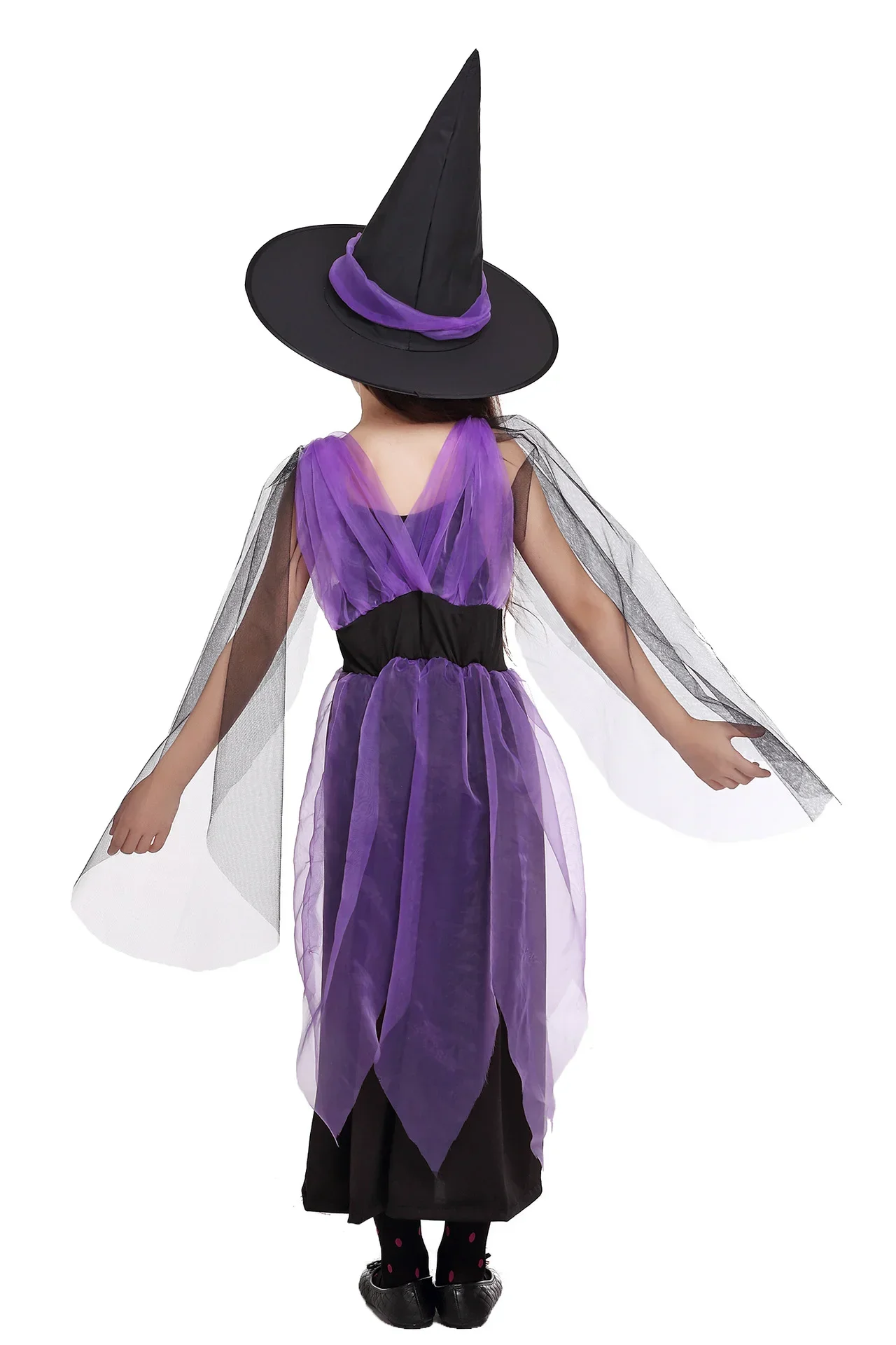 Halloween-Hexen-Kostüm-Geschenkset für Kinder, lila, schwarz, unregelmäßiges Tüllkleid, Hut, Party, Fotografie, Cosplay-Set – Detail 9